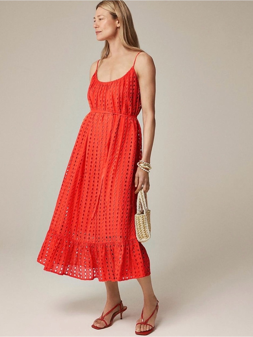 J. Crew Coral Eyelet Maxi Skirt with Ruffle Hem